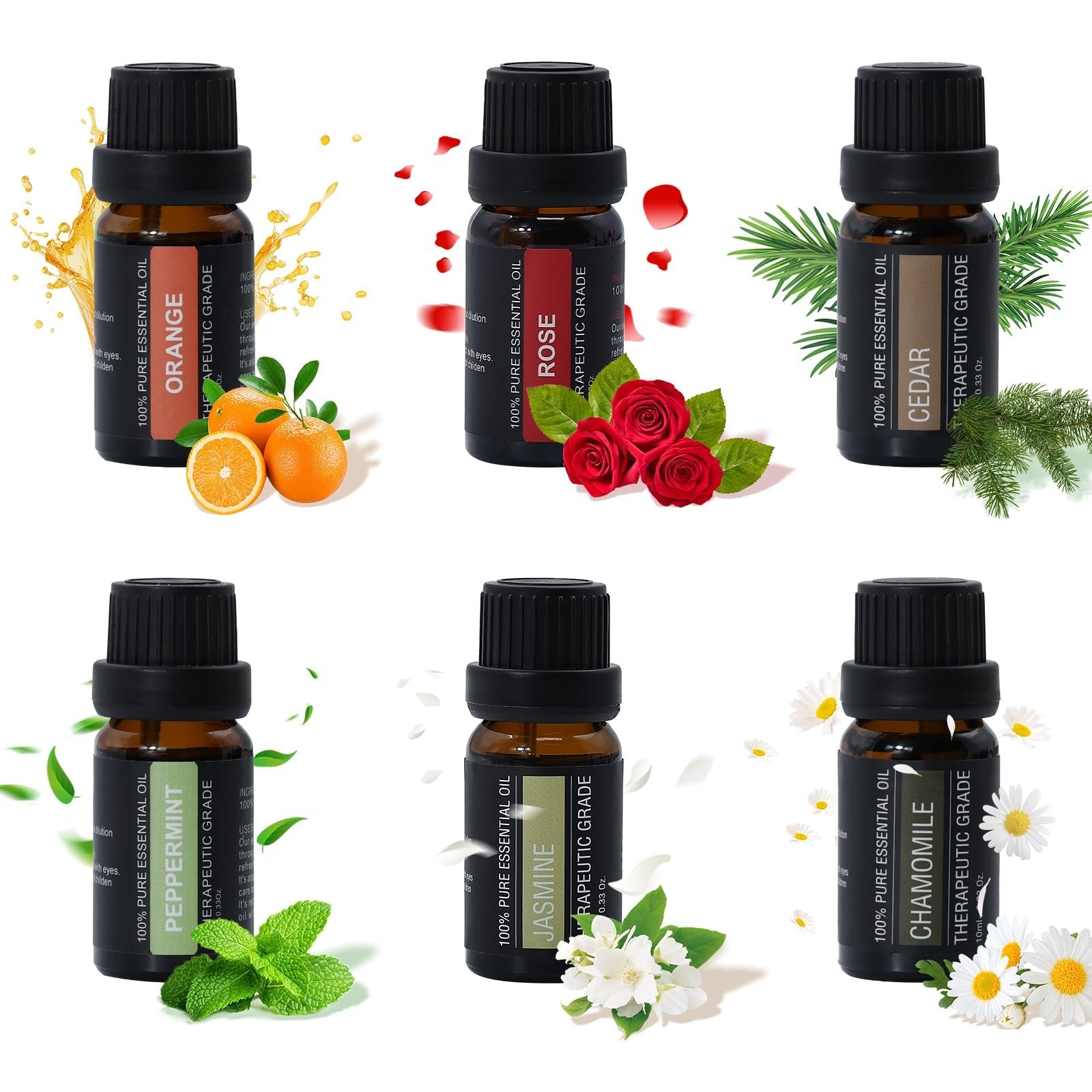 Six bottles of essential oils: Orange, Rose, Cedar, Peppermint, Jasmine, and Chamomile, each with decorative botanical elements.