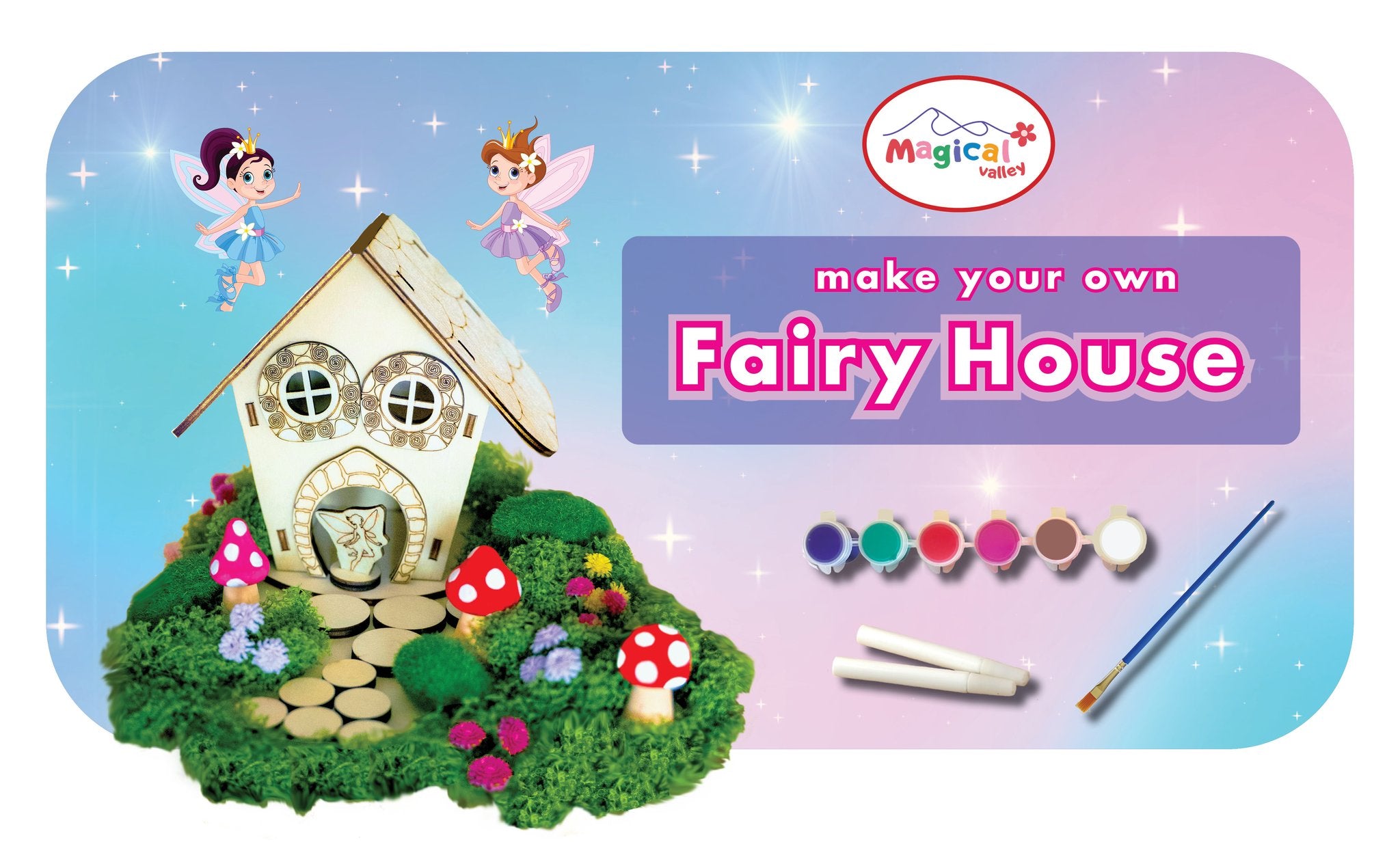 DIY wooden fairy house craft kit with paints, brush, moss, flowers, mushrooms, glue and base