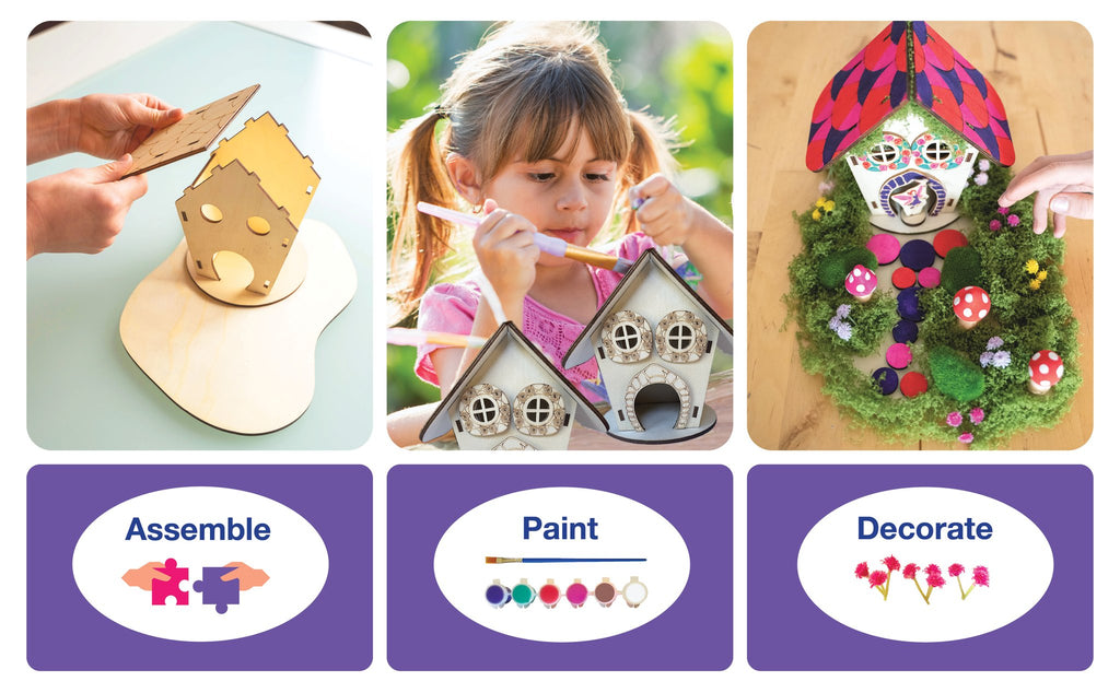 DIY wooden fairy house craft kit assembly, painting, and decoration steps shown in collage.