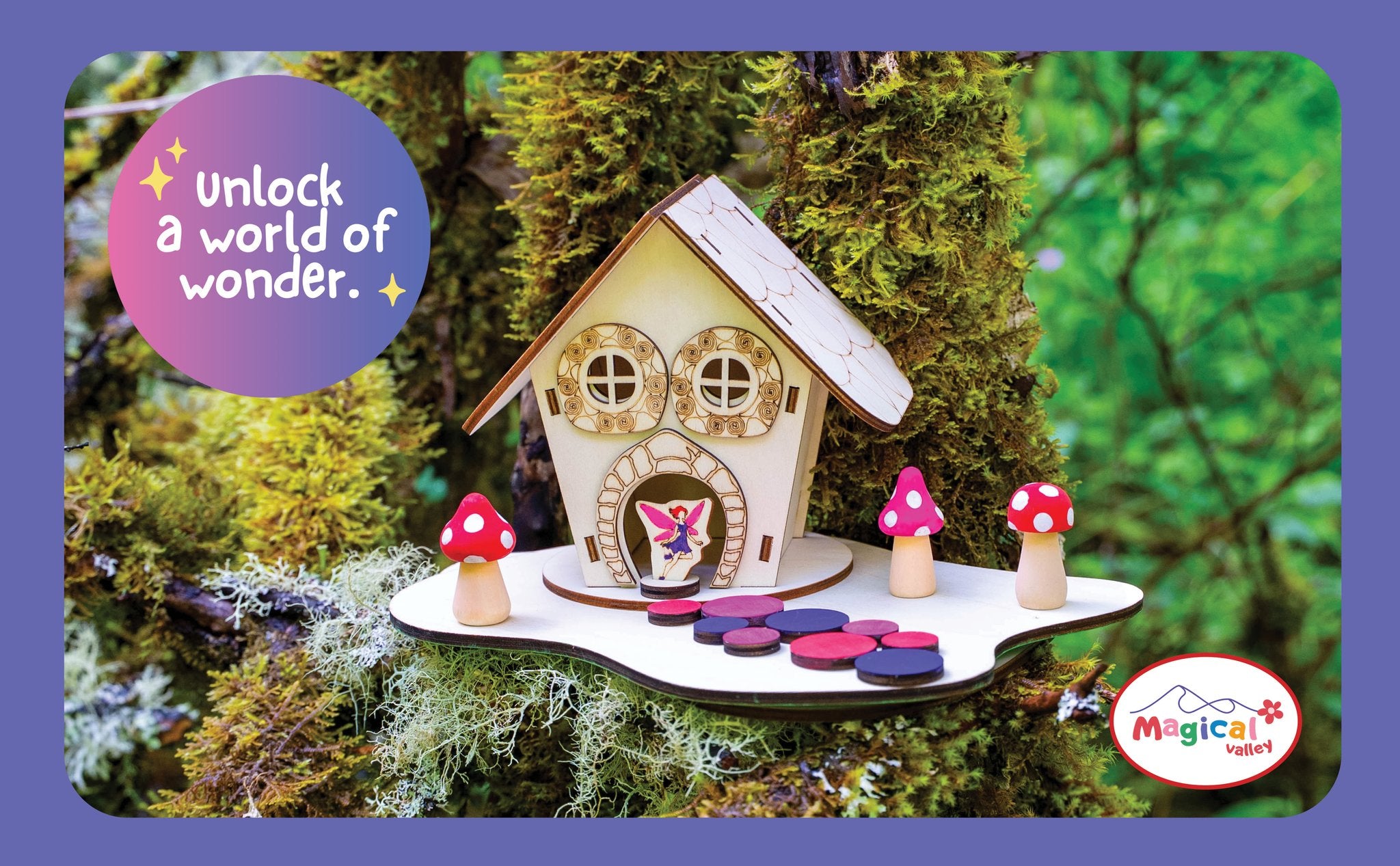 DIY wooden fairy house craft kit with mushrooms and fairy figure, set in mossy forest environment.