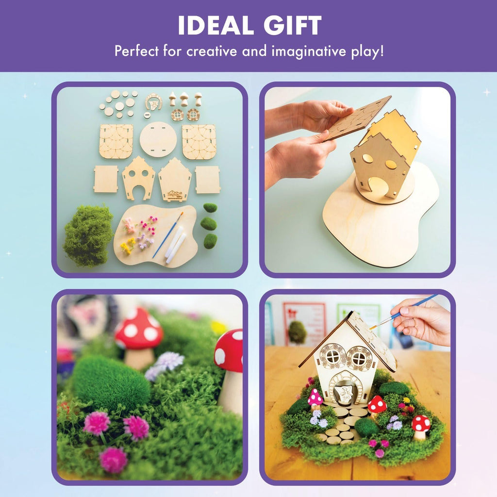 DIY wooden fairy house craft kit components and finished examples, including wood pieces, moss, flowers, mushrooms, paint, and brushes.