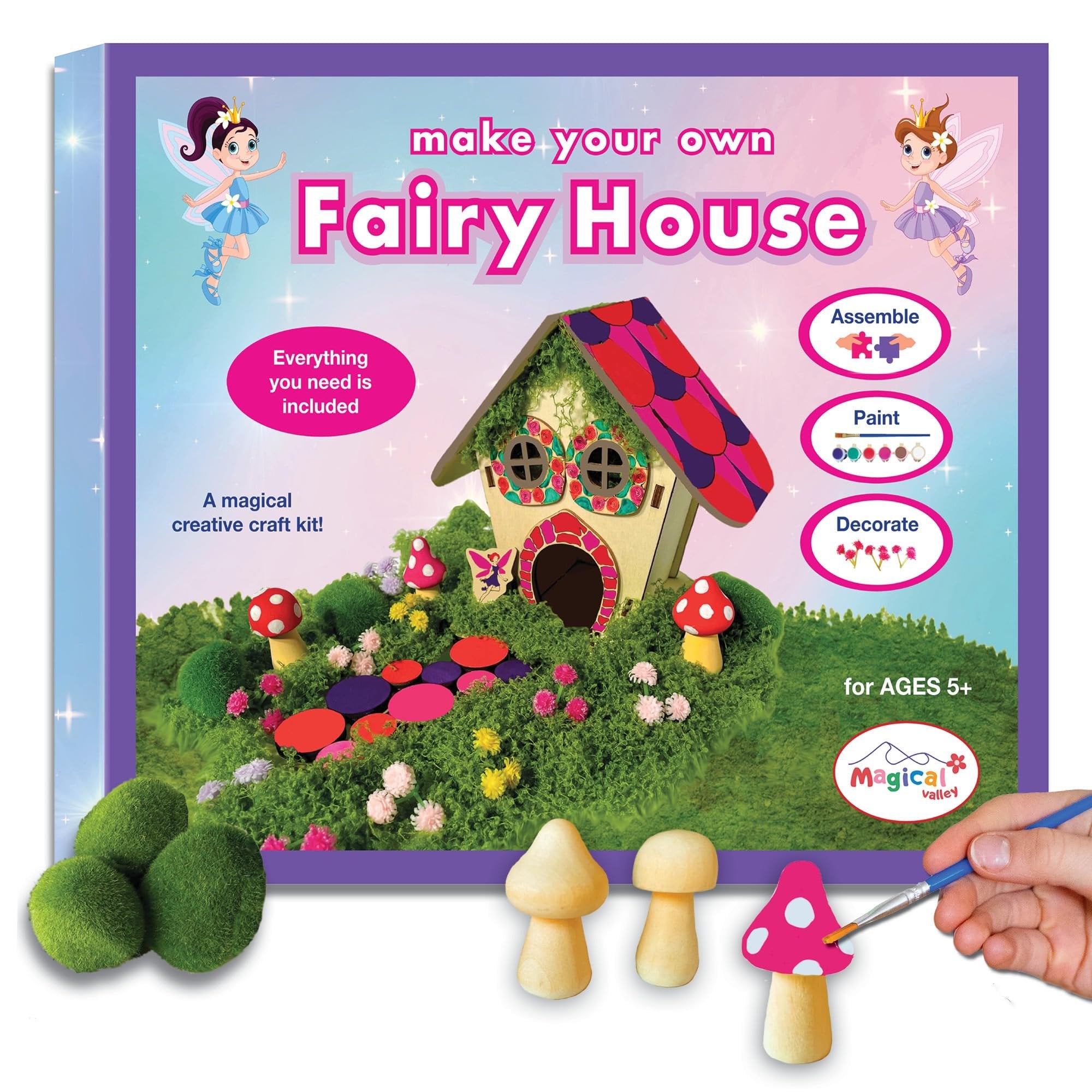 DIY fairy house craft kit with painted mushrooms, moss, and wooden pieces, showing assembly, paint, and decorate steps.