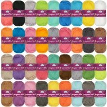 Collection of 40 colorful acrylic yarn skeins in shades of brown, pink, green, blue, and orange, arranged in rows.