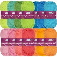 Pack of 16 skeins of acrylic yarn in various shades of brown, pink, green, and blue, arranged in rows.