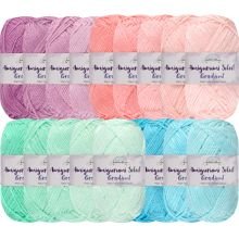 Four rows of yarn skeins in shades of pink, peach, light pink, mint green, light green, teal, and light blue.