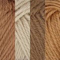 Close-up of four shades of brown acrylic yarn skeins, showing texture and color variations.
