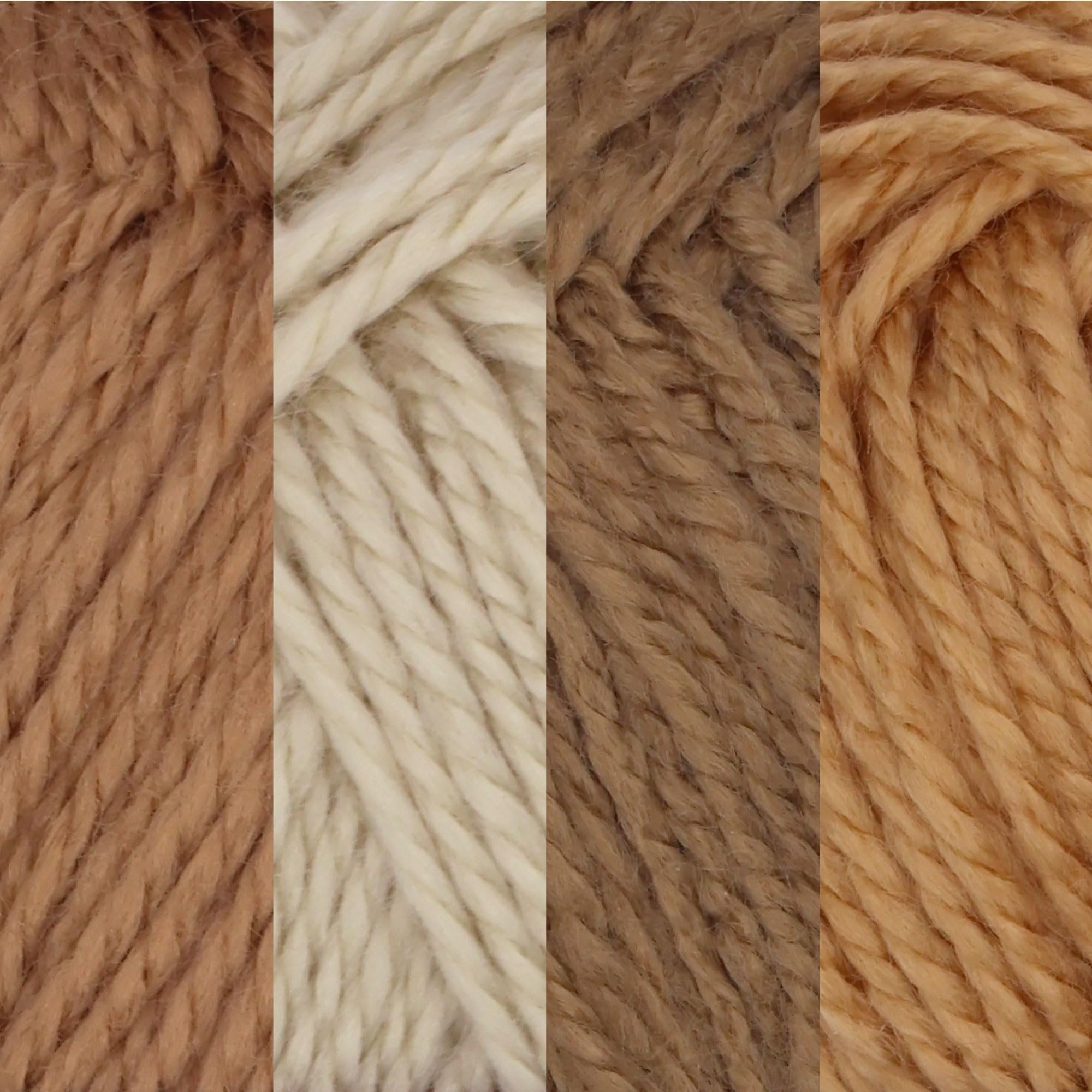 Close-up of four shades of brown acrylic yarn skeins, showing texture and color variations.