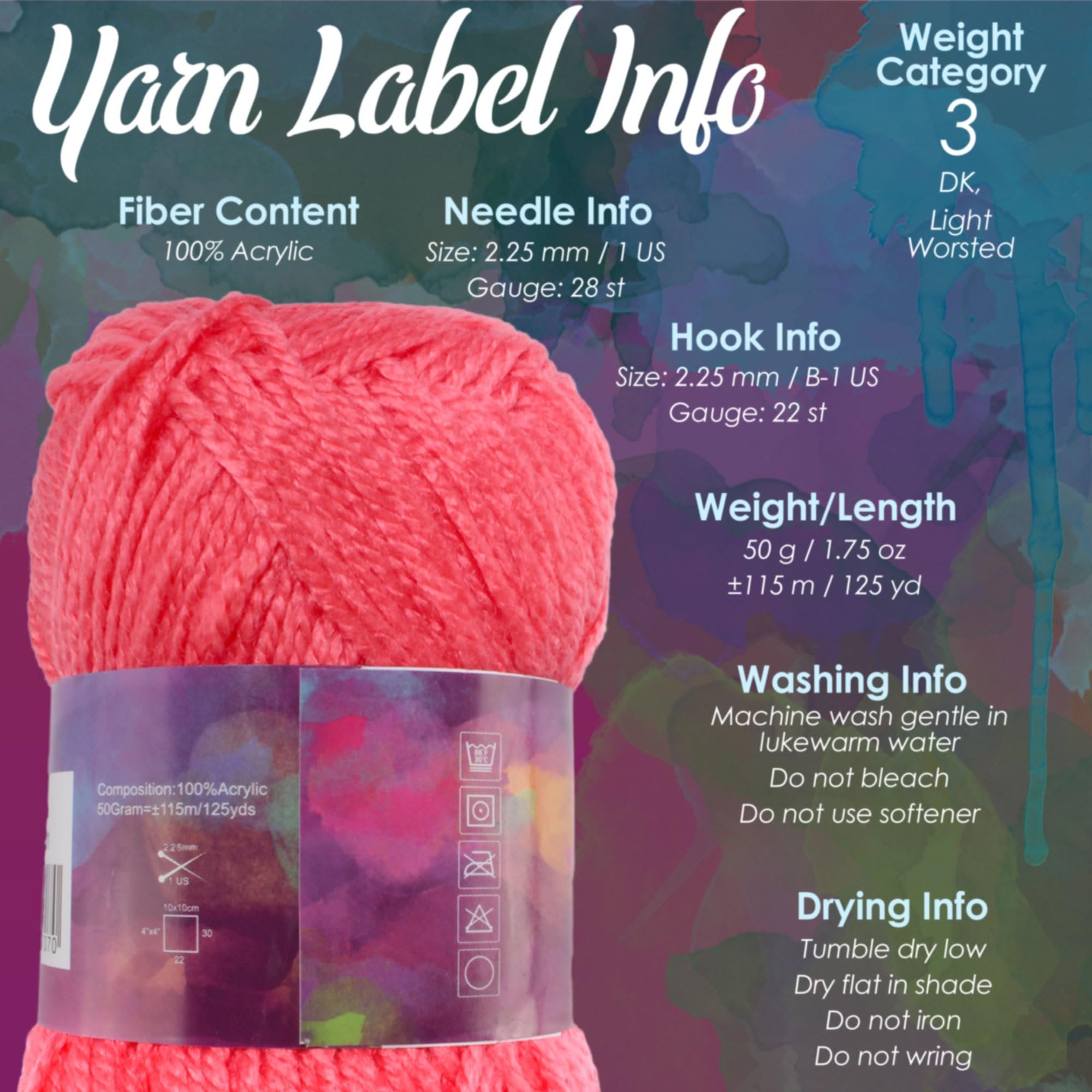 Coral yarn skein with detailed label information including fiber content, needle and hook size, weight, and washing instructions.
