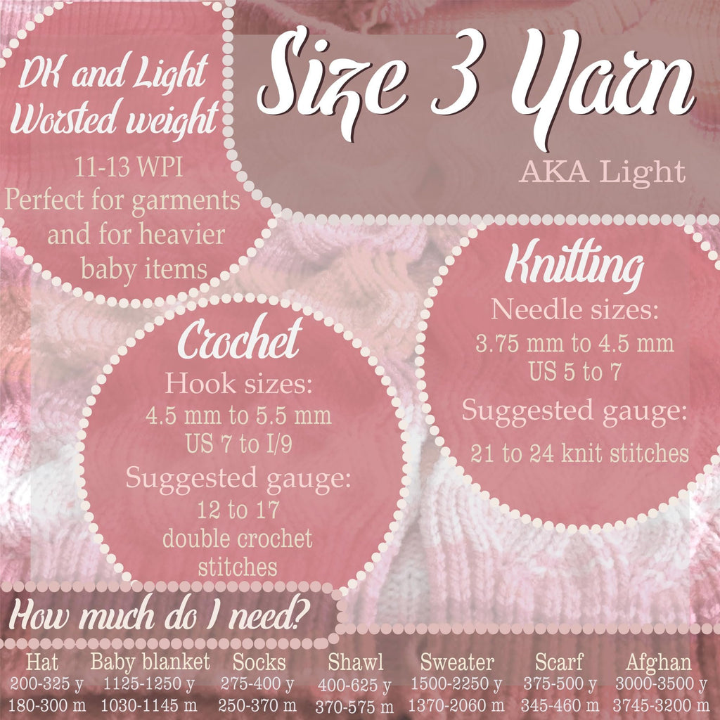 DK and Light Worsted weight Size 3 Yarn knitting and crochet guide with needle and hook sizes and yarn quantity estimates for various projects.