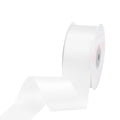 White satin ribbon spool with ribbon unwound, close-up side view. Brand name visible on spool.