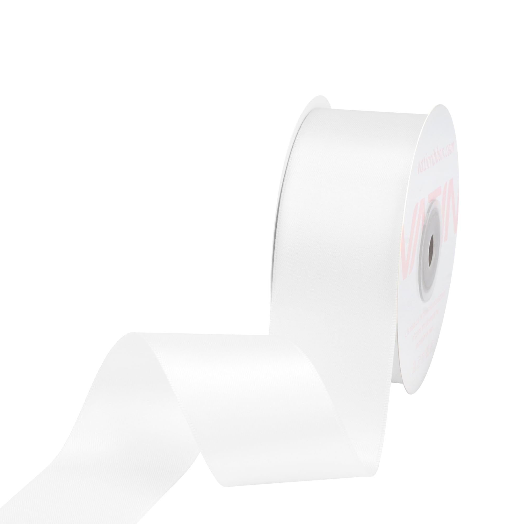 White satin ribbon spool with ribbon unwound, close-up side view. Brand name visible on spool.