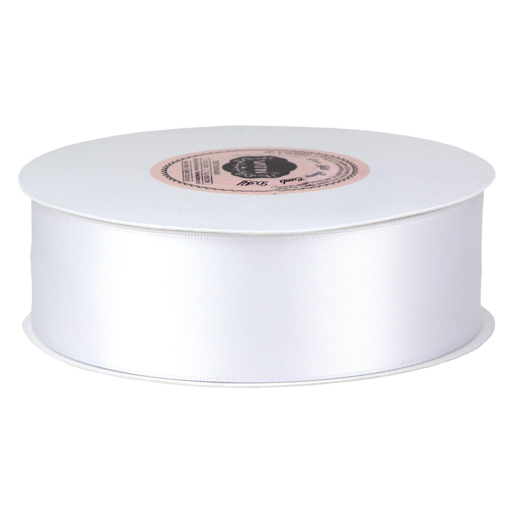 Spool of white double-face satin ribbon on a white background, angled view.