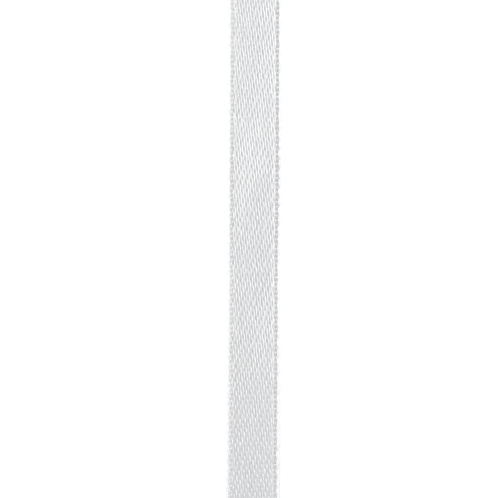Close-up of a white satin ribbon with a textured weave, shown vertically against a white background.