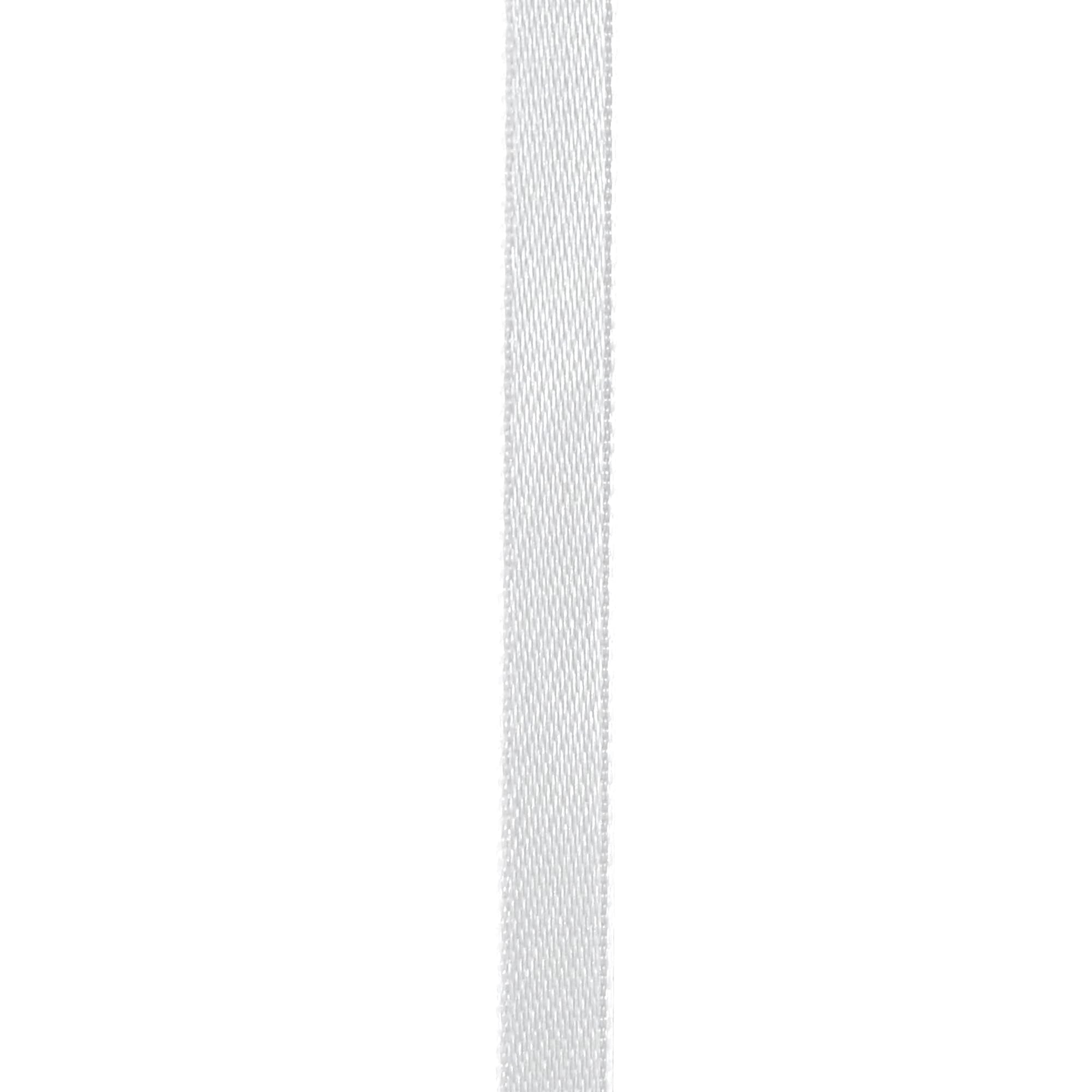 Close-up of a white satin ribbon with a textured weave, shown vertically against a white background.