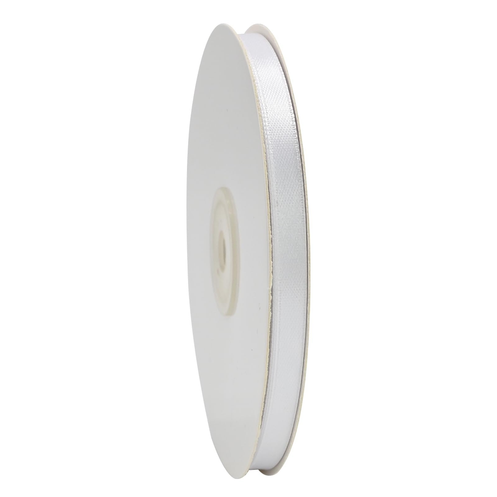 White satin ribbon on a spool, viewed from the side against a white background.