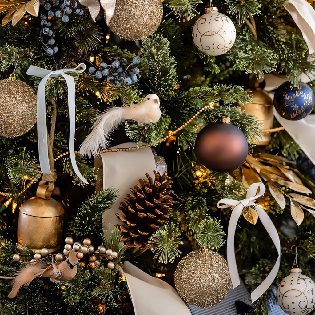 Close-up of a decorated Christmas tree with ornaments, pinecones, and ribbons.
