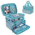 Open teal sewing storage bag showing compartments filled with spools of thread, needles, scissors, and fabric.