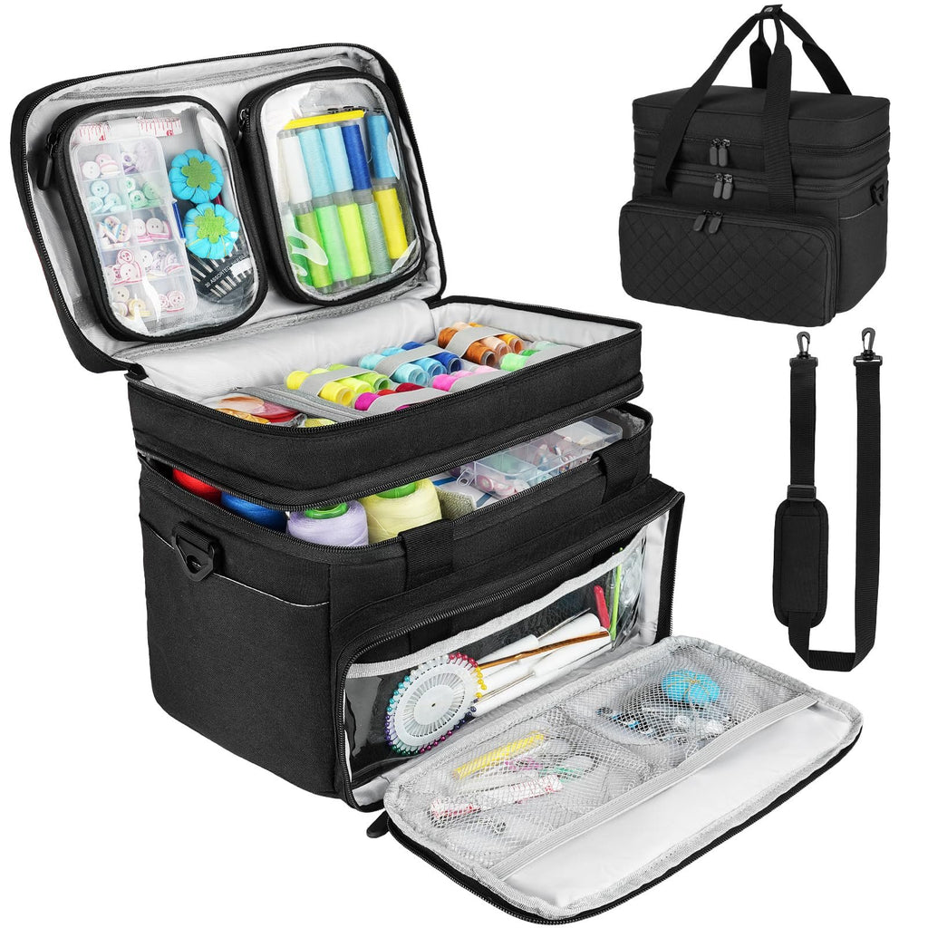 Black double-layer sewing organizer case with shoulder strap and detachable pouches, open to show contents.