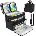 Black double-layer sewing organizer case with shoulder strap and detachable pouches, open to show contents.