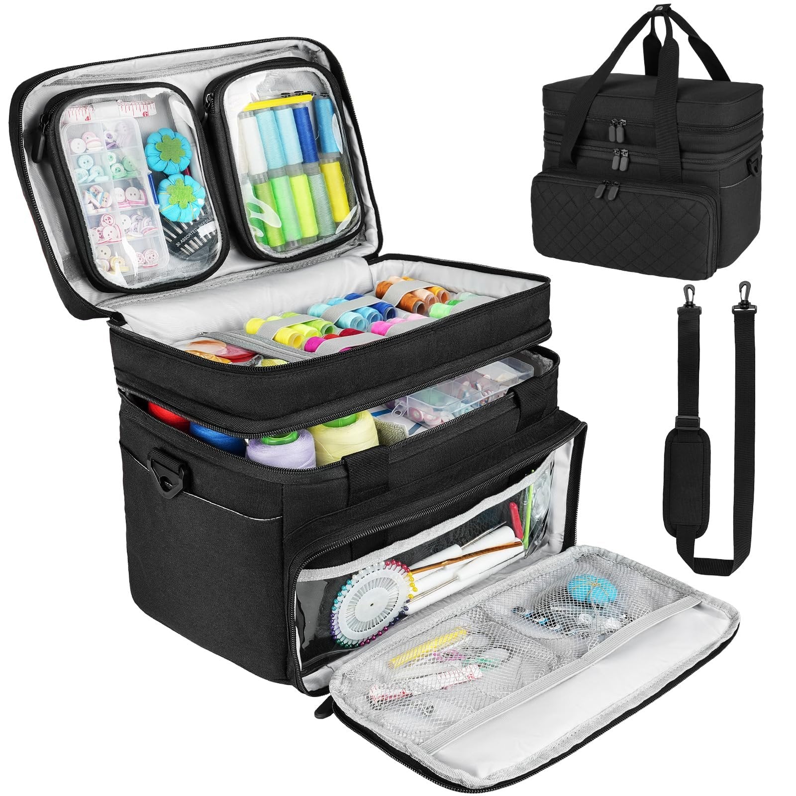 Black double-layer sewing organizer case with shoulder strap and detachable pouches, open to show contents.