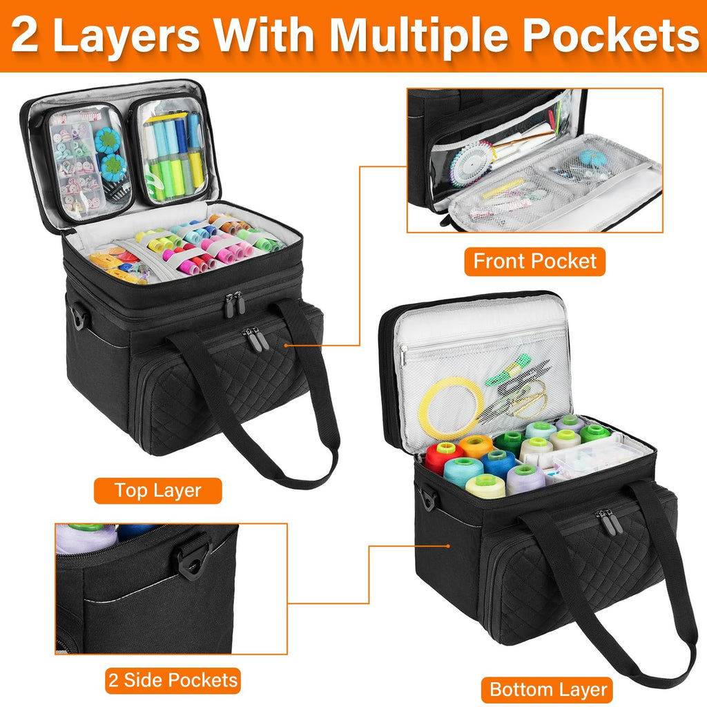 Black sewing organizer case with two layers and detachable pouches, showing contents like thread spools and notions.