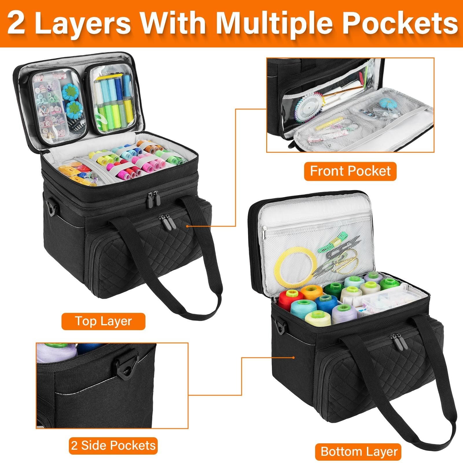Black sewing organizer case with two layers and detachable pouches, showing contents like thread spools and notions.