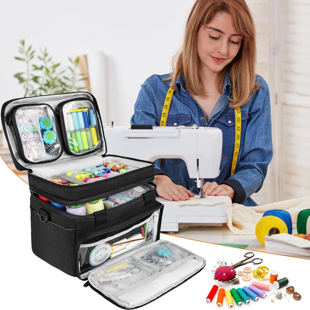 Double-layer sewing organizer case with shoulder strap and detachable pouches, filled with threads, buttons, and notions, next to a woman sewing.