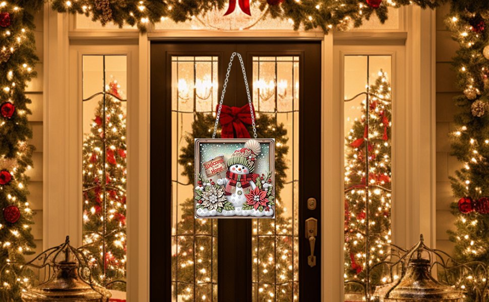 Christmas snowman diamond art hanging ornament kit on a decorated front door