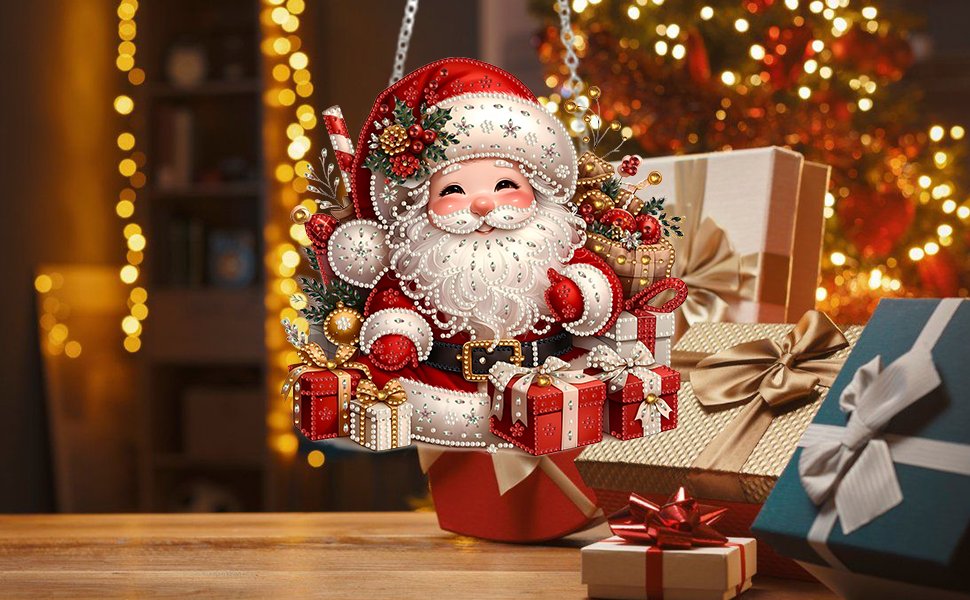 Double-sided Christmas snowman diamond art hanging ornament kit with rhinestones, shown with gift boxes and a blurred Christmas tree background.