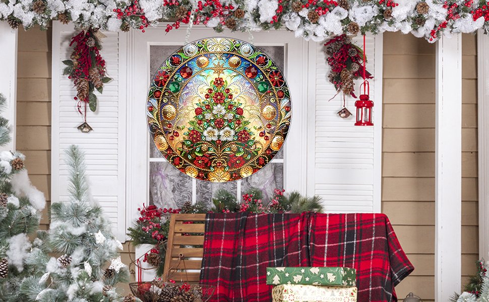 Christmas tree diamond art hanging ornament on a window with festive porch decorations
