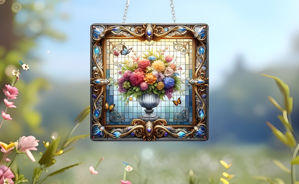 Stained glass hanging ornament with a floral arrangement in a vase, framed by ornate gold and blue details, with butterflies, set against a blurred outdoor background.