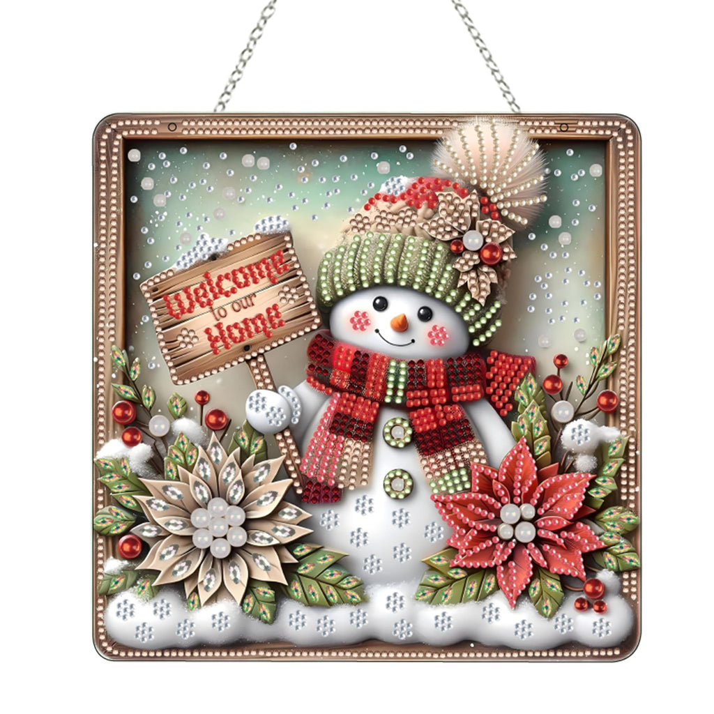 Diamond art snowman ornament with 'Welcome to our Home' sign, poinsettias, and snow details.