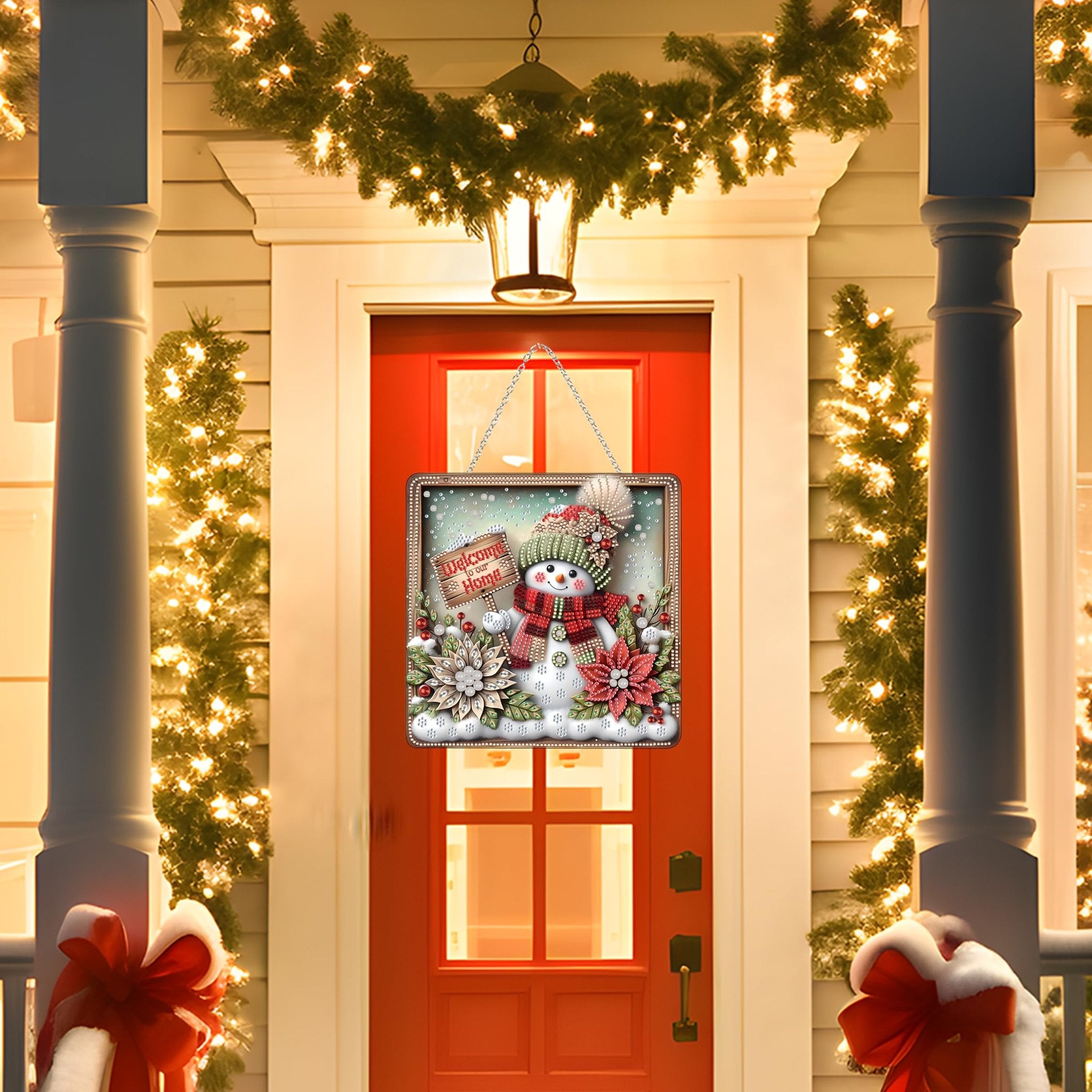 Christmas snowman diamond art hanging ornament with 'Welcome to our Home' sign, displayed on a red front door with festive lights and garland.