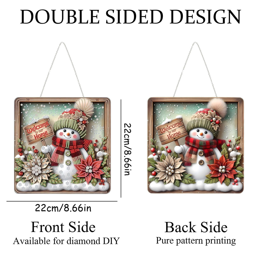 Double-sided Christmas snowman diamond art hanging ornament kit showing front and back sides with dimensions.