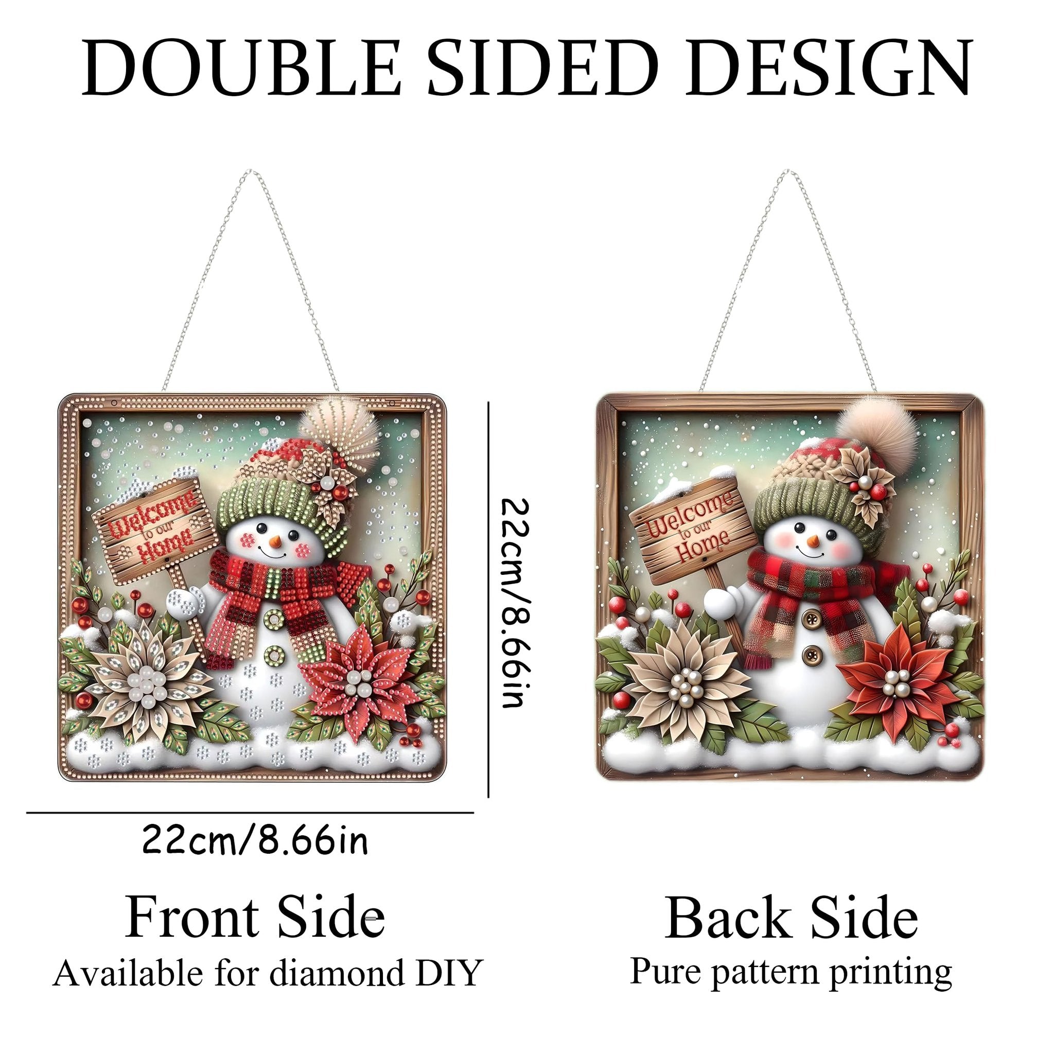 Double-sided Christmas snowman diamond art hanging ornament kit showing front and back sides with dimensions.