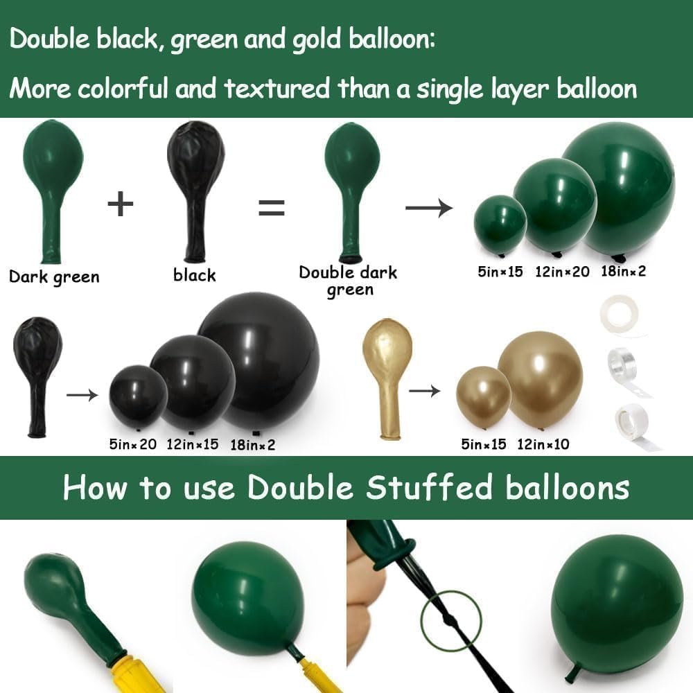 Diagram showing how to create double-stuffed balloons with dark green, black, and metallic gold colors, including sizes and assembly steps.