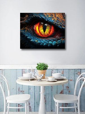 Dragon eyes paint by numbers canvas art displayed on a wall above a small table with chairs