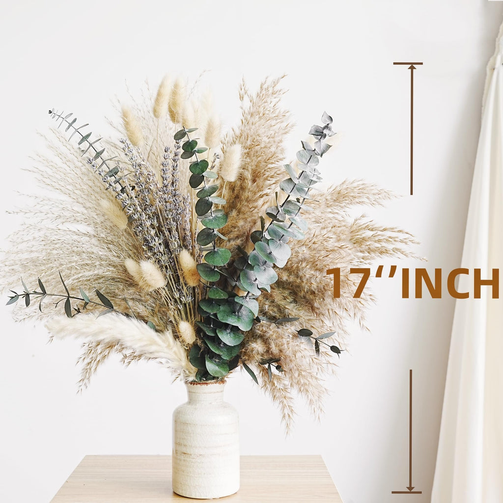 Dried boho flower bouquet with pampas grass, lavender, eucalyptus, and rabbit tail in a vase on a table, with a height indicator.