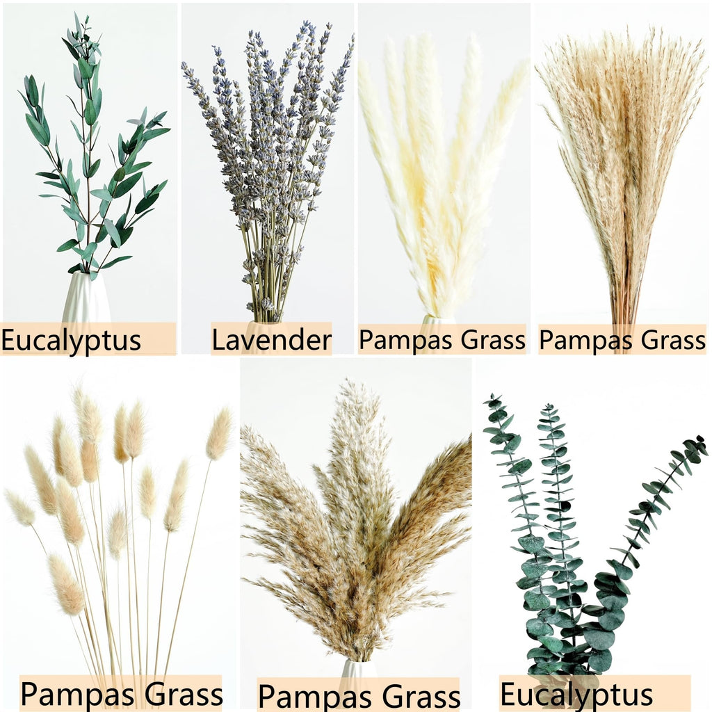 Collage of dried boho flowers including eucalyptus, lavender, and pampas grass in vases.