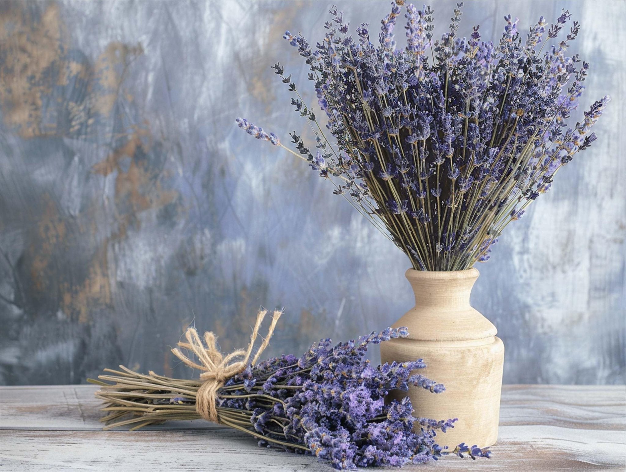 Two bunches of dried lavender, one in a vase and one tied with twine, on a rustic wooden surface against a textured blue-grey background.