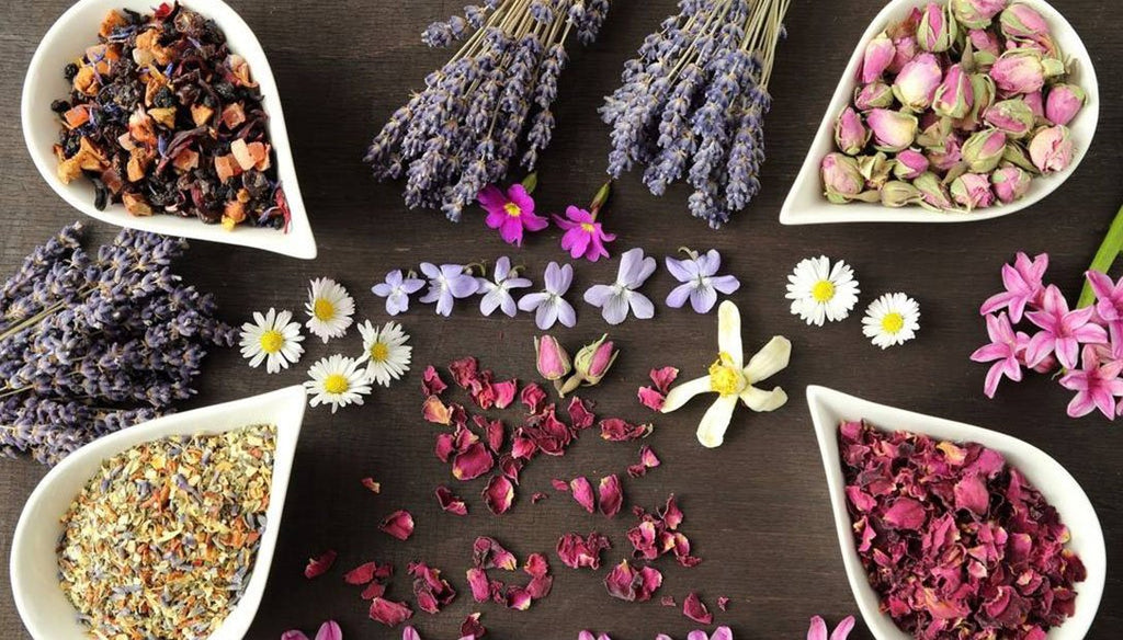 Assortment of dried flowers and botanicals including lavender, rose petals, and mixed herbs in white dishes on a dark wooden surface.