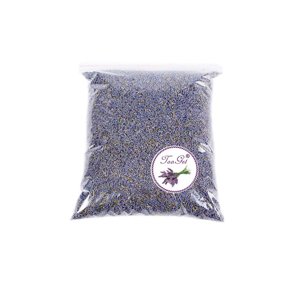 Bag of dried lavender buds with a circular label featuring lavender sprigs and the text 'Too Get'