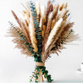 Dried pampas grass and bunny tail bouquet with eucalyptus, tied with twine, against a white background.