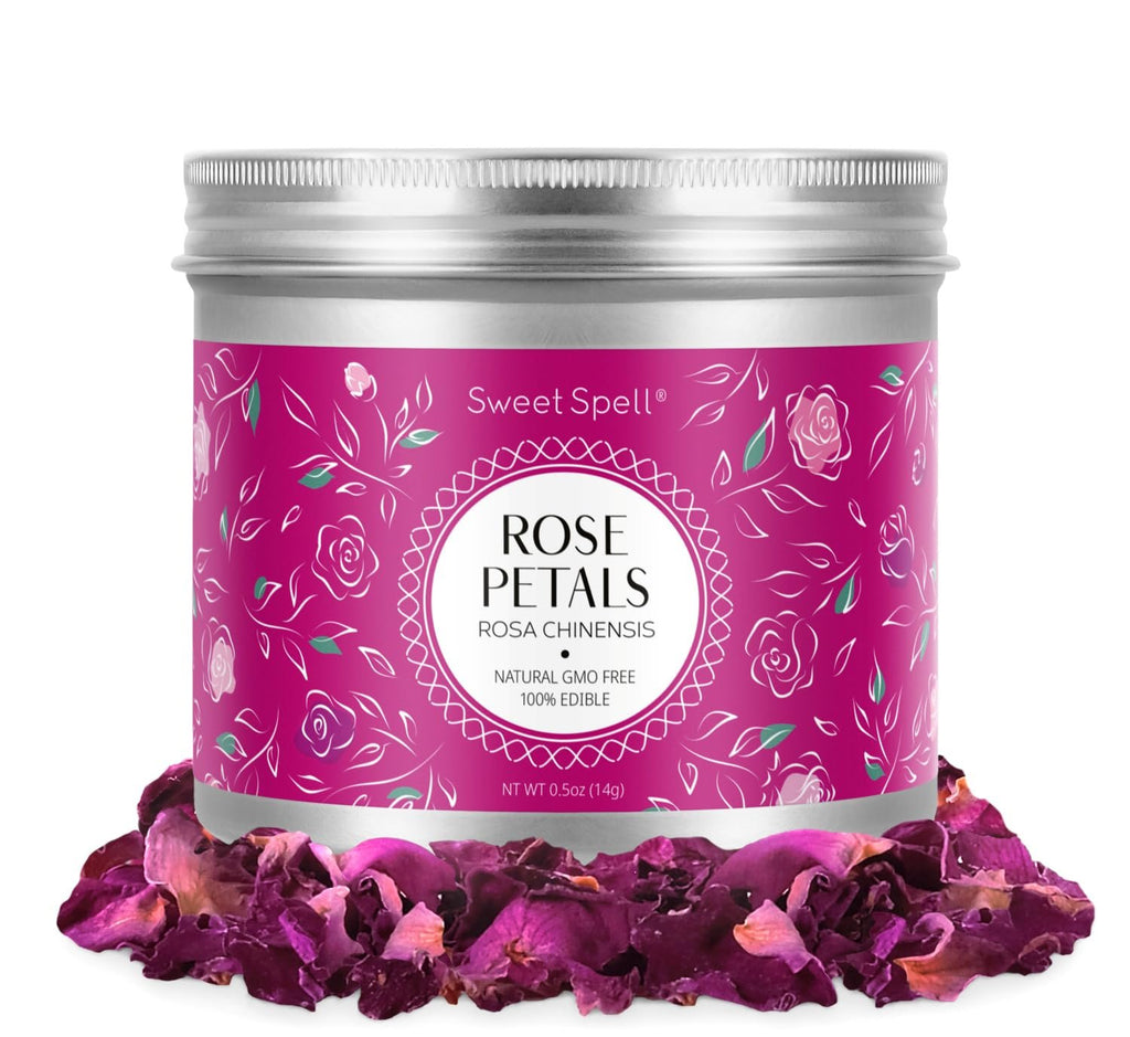 Canister of dried rose petals with a pink floral label, surrounded by loose petals.