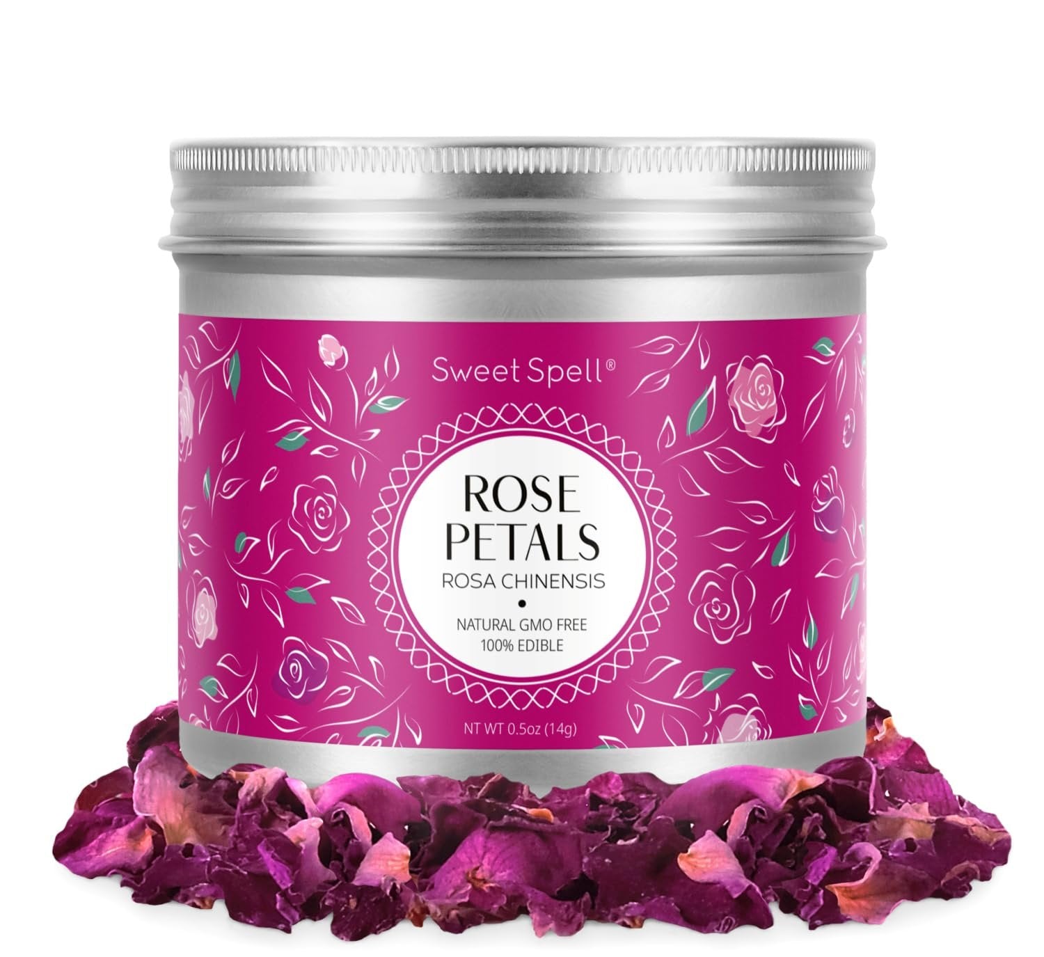 Canister of dried rose petals with a pink floral label, surrounded by loose petals.
