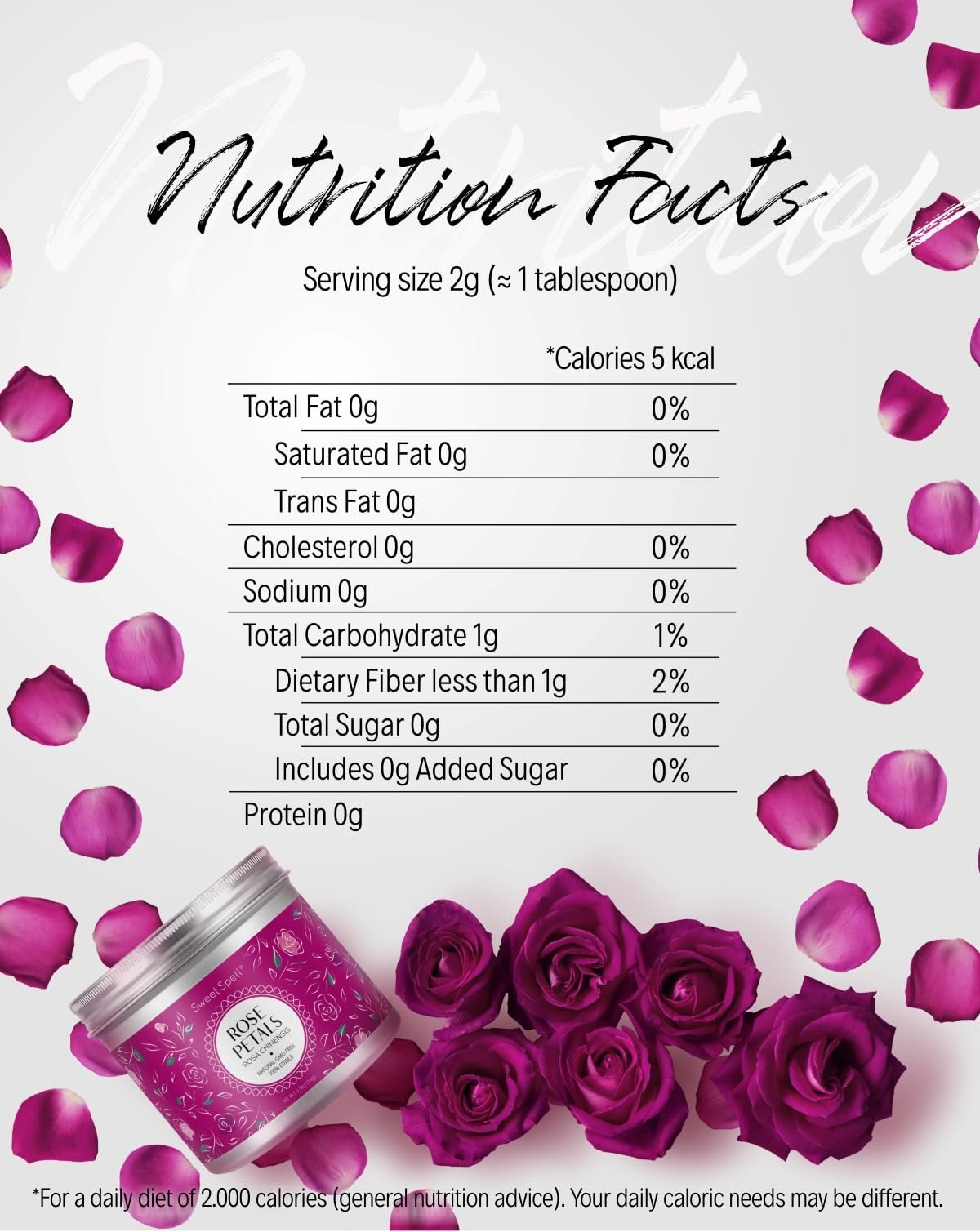 Jar of dried rose petals surrounded by fresh roses and scattered petals, with nutrition facts.