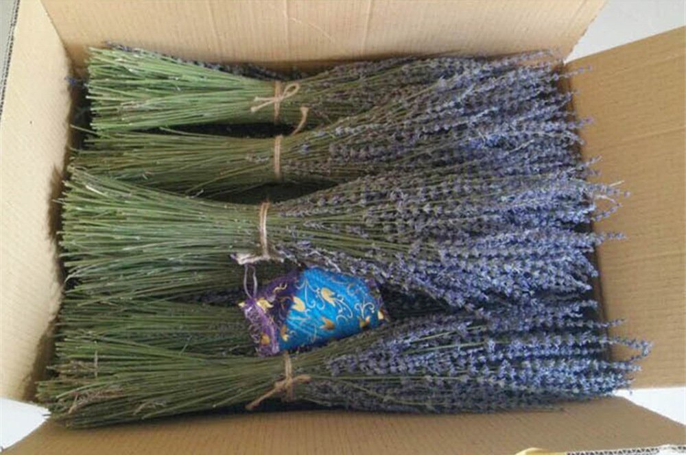 Bundles of dried lavender stems tied with twine inside a cardboard box, with a small decorative sachet.
