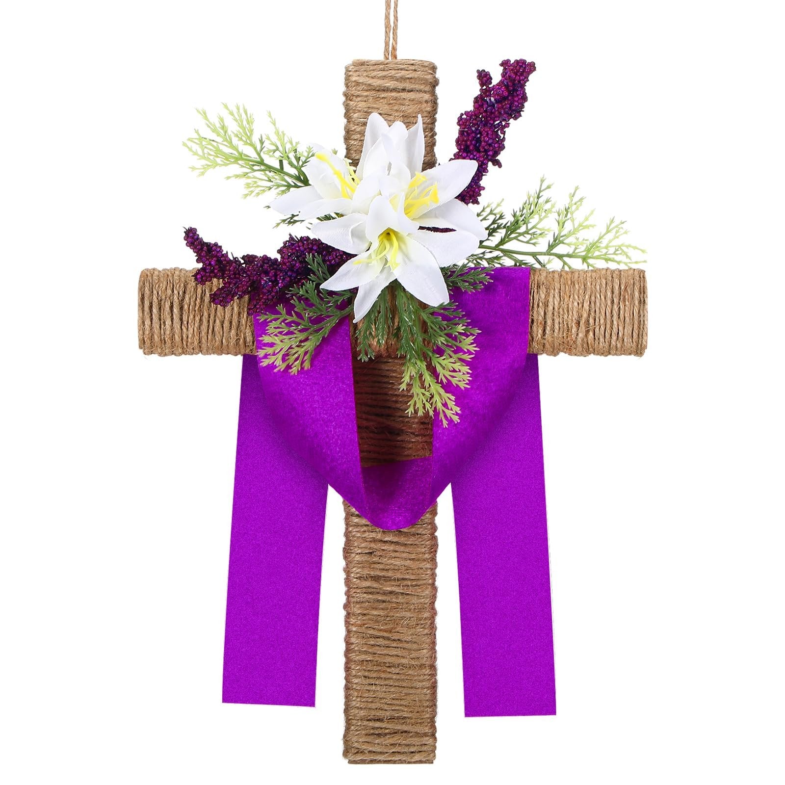 Easter cross wreath with white lilies, purple ribbon, and greenery, front view on white background