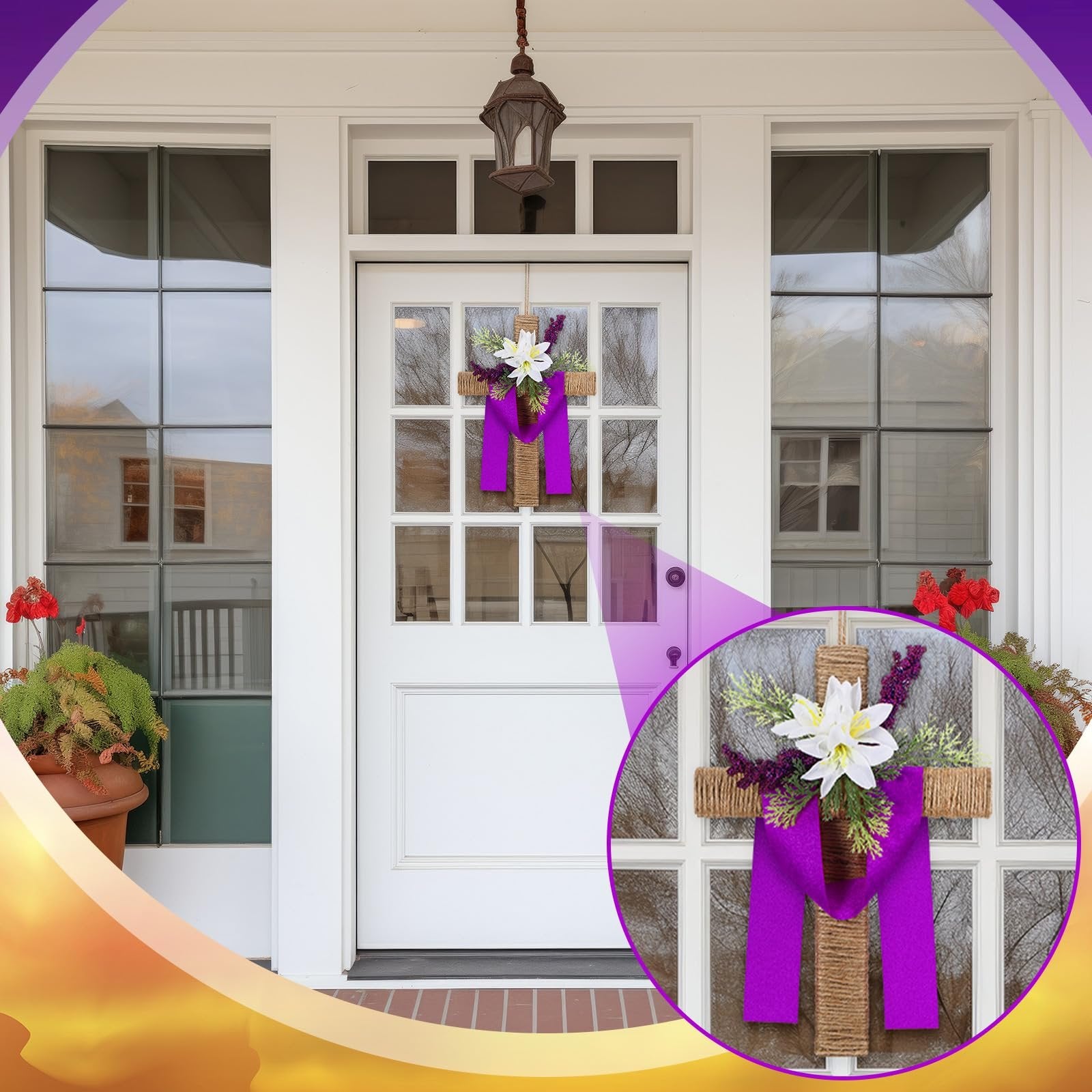 Easter cross wreath with lilies and purple ribbon hanging on a white door, close-up inset view