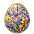 Easter egg shaped diamond art hanging kit with colorful flowers and gold trim, suspended by a chain.